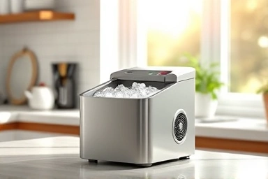 Modern mini ice maker creating clear ice cubes in a bright kitchen.